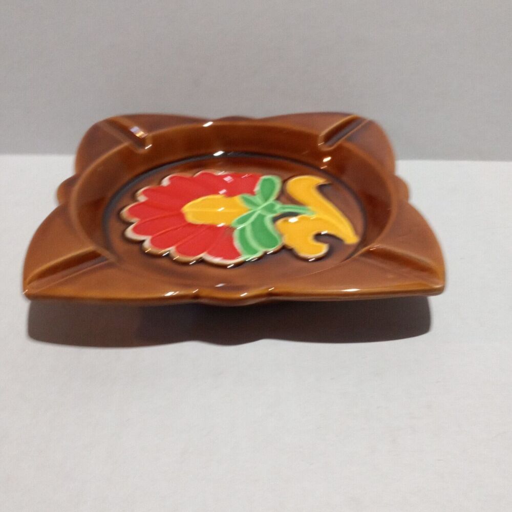 Vintage Majolica Ceramic Square Flower Ashtray-1978-Japan-Trinket Dish-MCM-NEW - Picture 6 of 10